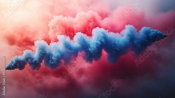 Fototapeta Heart-shaped smoke trail in pink and blue from a Red Arrows air show in the sky, aerial performance, colorful smoke display, romantic shape, aviation show, flight demonstration, sky art.