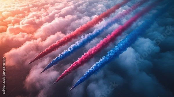 Fototapeta Heart-shaped smoke trail in pink and blue from a Red Arrows air show in the sky, aerial performance, colorful smoke display, romantic shape, aviation show, flight demonstration, sky art.