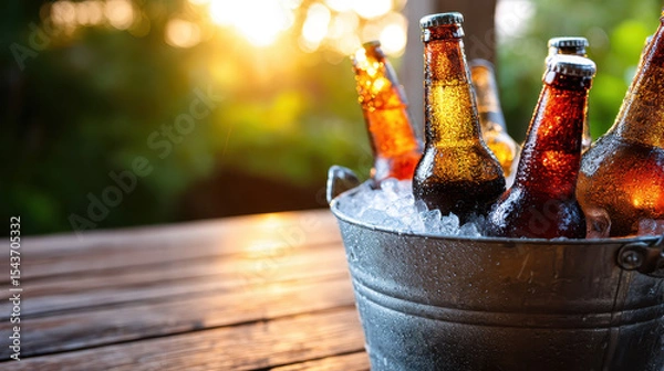 Fototapeta Refreshing Beer Bottles in Ice Bucket with Condensation Under Natural Light in Outdoor Setting
