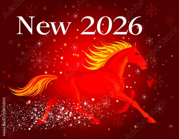 Fototapeta Red Fire Horse against the background of New Year's fireworks and sparks - a symbol of 2026 according to the eastern calendar. AI, Illustration, Generation, Generated image.