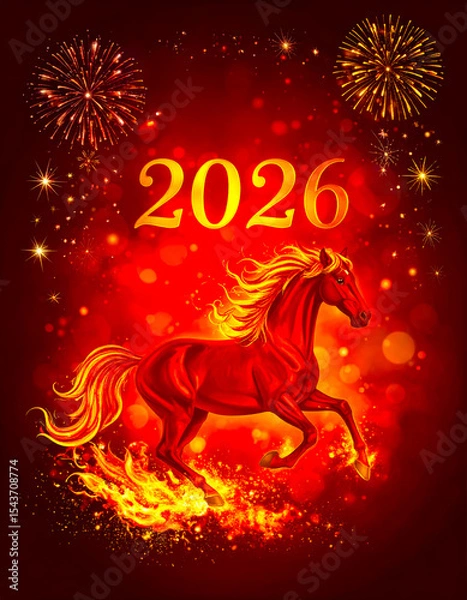 Fototapeta Red Fire Horse against the background of New Year's fireworks and sparks - a symbol of 2026 according to the eastern calendar. AI, Illustration, Generation, Generated image.