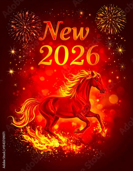 Fototapeta Red Fire Horse against the background of New Year's fireworks and sparks - a symbol of 2026 according to the eastern calendar. AI, Illustration, Generation, Generated image.