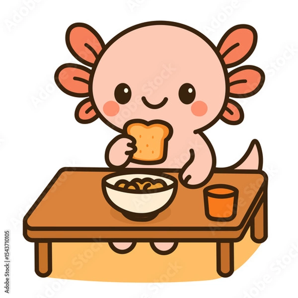 Fototapeta Adorable axolotl eating breakfast at table cute cartoon amphibian having cereal, toast, and juice, perfect for morning routine illustrations, kids food design, kawaii mealtime concept