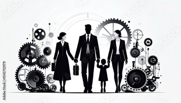 Fototapeta The monochromatic illustration depicts a family of four, with the parents holding hands with their child, surrounded by intricate gears and mechanical elements in the