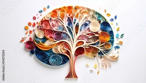 Fototapeta A vibrant, uniquely designed tree crafted from colorful paper quilling stands against a stark white background, showcasing shades of blue, orange, and