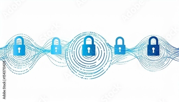 Fototapeta The image displays five blue padlock icons set against a white background, accented with stylized, abstract dashed lines to portray security and digital data
