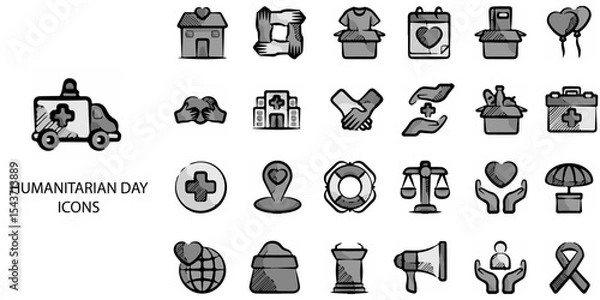 Obraz Humanitarian Day simple concept 24 hand drawn grew color icons set .Vector illustration.