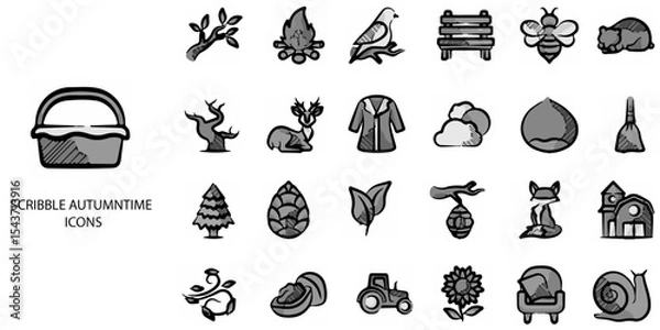Obraz Scribble Autumntime simple concept 24 hand drawn grew color icons set .Vector illustration.
