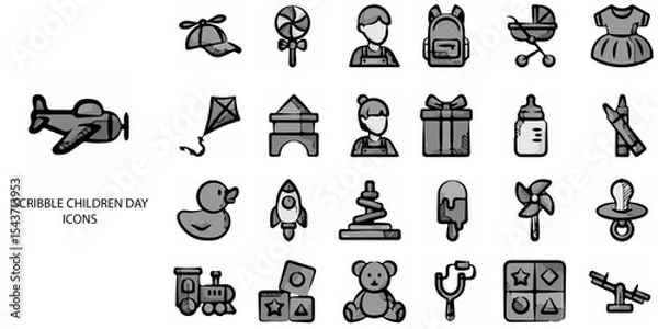 Obraz Scribble Children Day simple concept 24 hand drawn grew color icons set .Vector illustration.