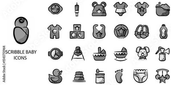 Obraz Scribble Baby simple concept 24 hand drawn grew  color icons set .Vector illustration.