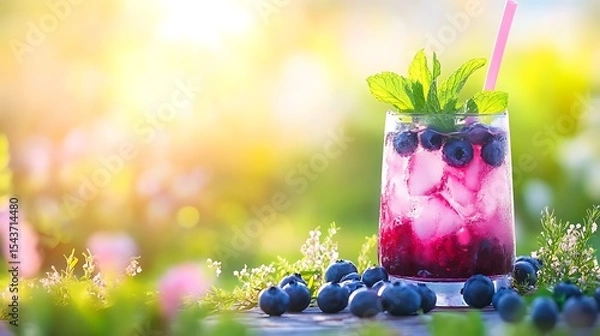 Fototapeta A chilled blueberry mint lemonade, with blueberries and mint leaves, in a vibrant garden setting with empty space for text