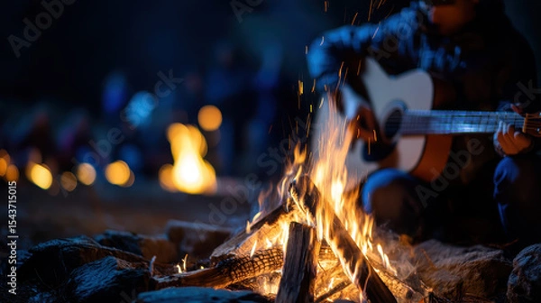 Fototapeta Friends Enjoying Music Around a Warm Bonfire Night with Guitar and Flames Illuminating the Scene