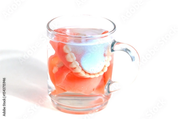 Obraz Zahnprothese und Wasserglas mit Reinigungstablette