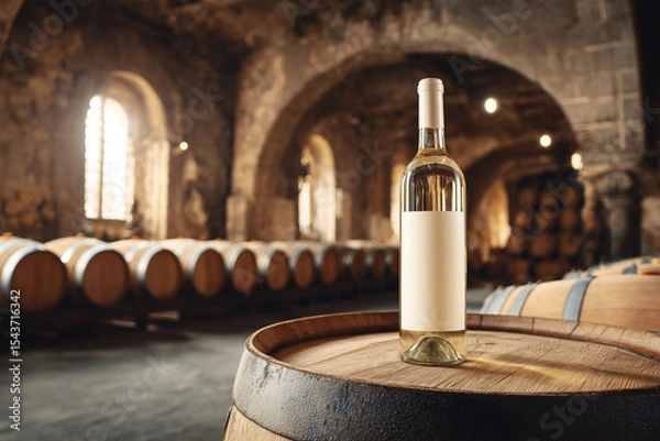 Fototapeta A bottle of white wine is sitting on a wooden barrel in a room filled with barrels. The room has a rustic, old-world feel to it, and the wine bottle seems to be the centerpiece of the scene