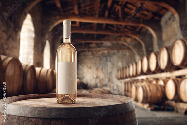 Fototapeta A bottle of wine is on a wooden barrel in a wine cellar. The cellar is filled with barrels of wine, and the bottle is the only one that is not filled