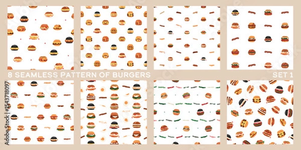 Fototapeta Set of 8 seamless fast food pattern of burger series in minimal graphic illustration style, vivid colors on a white background.