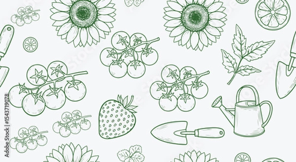 Fototapeta Garden harvest seamless pattern. Cluster tomatoes, strawberry, sunflower, citrus slice, watering can, trowel and herb leaves repeat in fresh green line on white