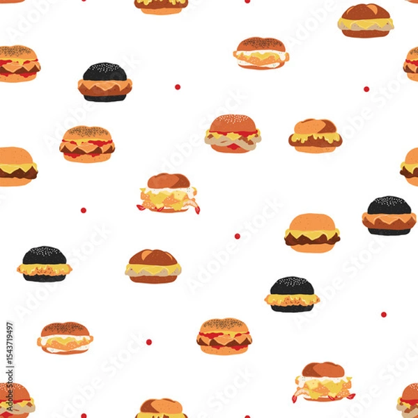Fototapeta Seamless fast food pattern of burger series, cute mixed cheeseburgers in minimal graphic illustration style, vivid colors on a transparent background.