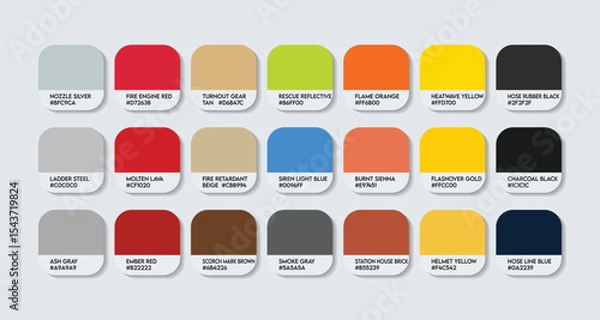 Fototapeta Firefighter Color Palette – Firefighter catalog sample Themed Color Swatch Guide with HEX Codes. Firefighter Services Professions Color Palette featuring multi shades inspired and building fire