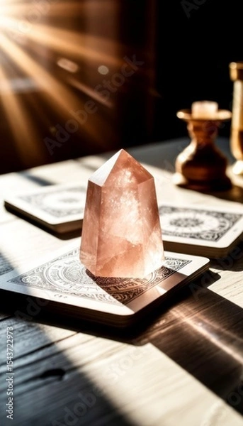 Fototapeta A rose quartz crystal sits on decorative coasters. Soft sunlight streams through, creating a warm glow. The background features a candle and intricate patterns.