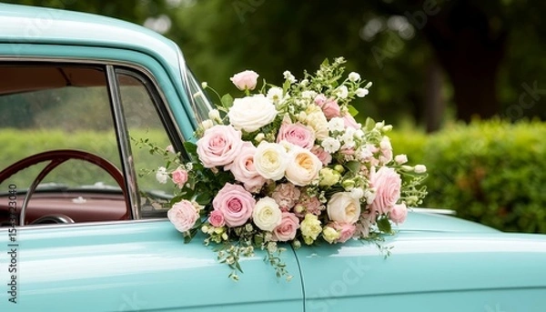 Fototapeta A vintage turquoise car adorned with a bouquet of pink and white roses. The scene is set in a lush green environment, perfect for weddings or romantic occasions.