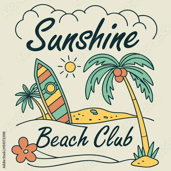 Fototapeta Colorful beach club illustration featuring a surfboard, palm trees, sun, and vibrant flowers, creating a lively tropical atmosphere for summer fun and relaxation