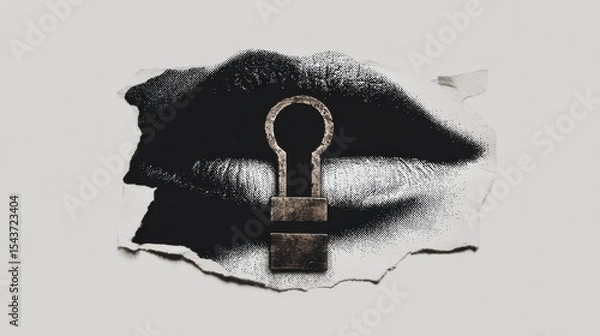 Fototapeta A grayscale lips with a golden padlock in a collage style.
