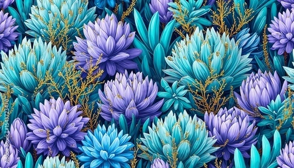 Fototapeta A vibrant arrangement of various succulents in shades of blue and purple. The scene features intricate details of leaves and flowers, creating a lush, colorful display.