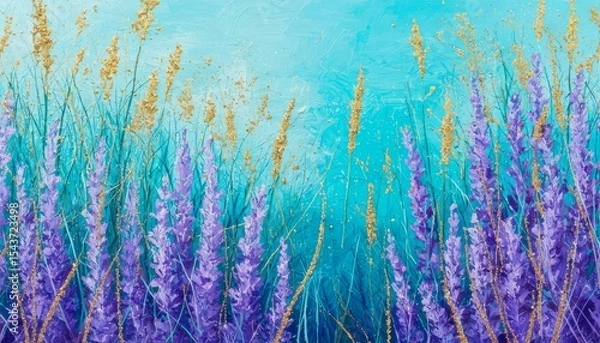 Fototapeta Vibrant underwater scene with purple and golden seaweed. The background features a gradient of turquoise and blue hues, creating a serene aquatic atmosphere.