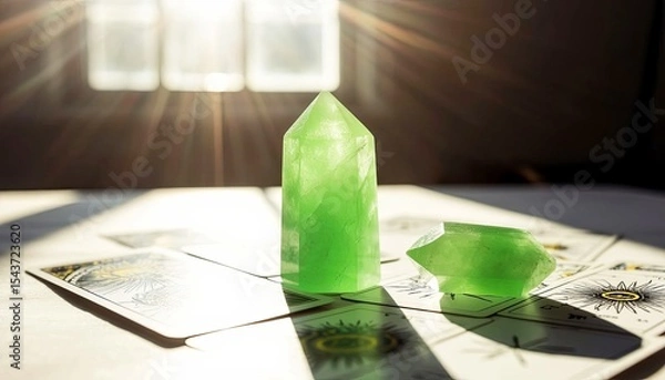 Fototapeta Green crystals on tarot cards with sunlight streaming through a window. The scene conveys a mystical and spiritual atmosphere.