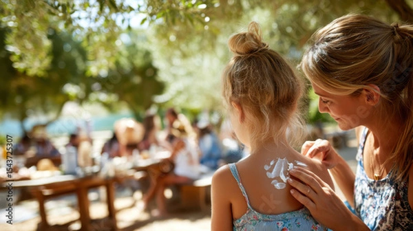 Fototapeta Mother Applying Sunscreen Lotion on Child's Back in a Sunny Outdoor Setting with People in Background