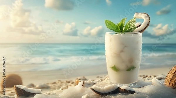 Fototapeta A chilled coconut and mint cooler, with fresh coconut slices, in a tropical beach setting with empty space for text