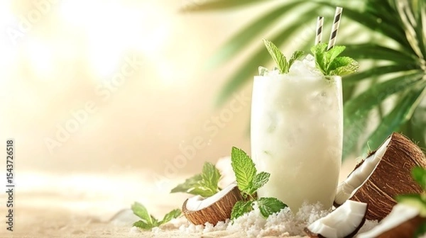 Fototapeta A chilled coconut and mint cooler, with fresh coconut slices, in a tropical beach setting with empty space for text