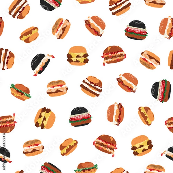 Fototapeta Seamless fast food pattern of burger series, cute mixed burgers in minimal graphic illustration style, vivid colors on a transparent background.
