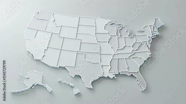 Fototapeta 3D representation of the United States map with clearly defined state boundaries, angled to the right on a clean white background. Detailed, modern geographic concept ideal for design, education