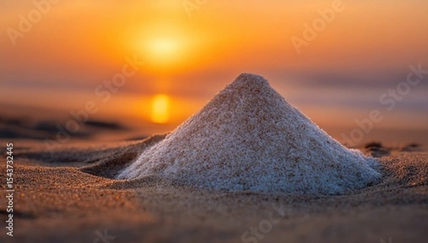 Fototapeta A conical pile of white salt rests on a sandy beach at sunset, the sun reflecting on the calm ocean behind
