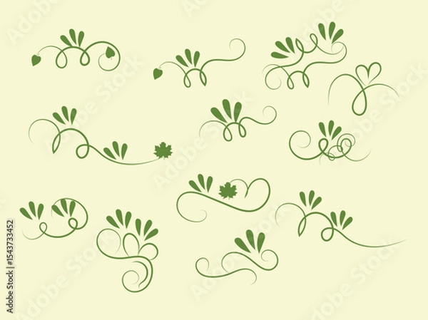 Obraz Green Floral Flourishes and Swirls Isolated on Light Yellow Background
