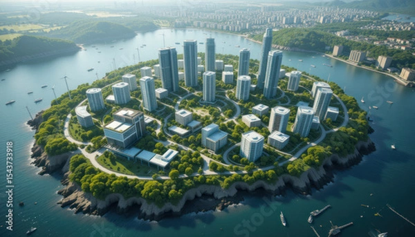 Fototapeta Aerial view of a man-made island city with modern skyscrapers, lush greenery, and surrounding water.