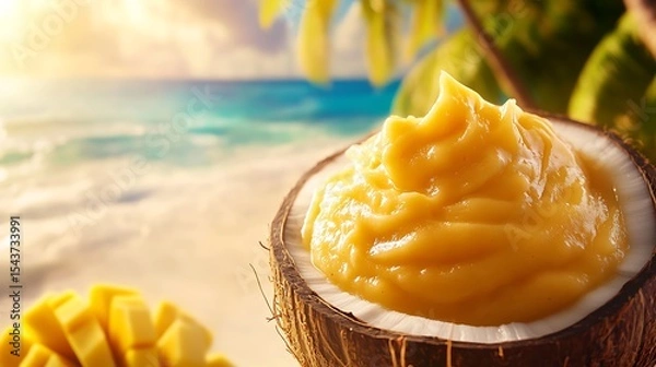 Fototapeta A chilled coconut mango smoothie, in a coconut shell, set against a tropical beach background with room for text