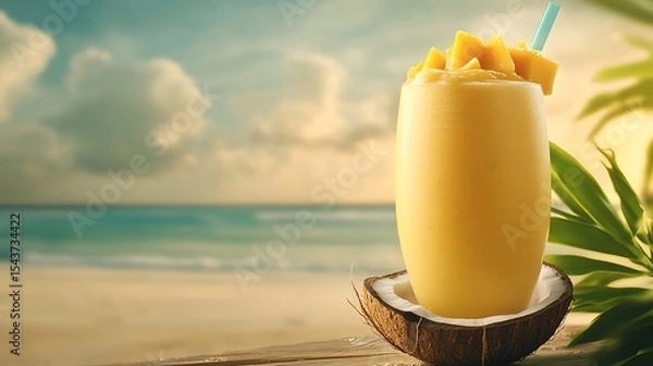 Fototapeta A chilled coconut mango smoothie, in a coconut shell, set against a tropical beach background with room for text