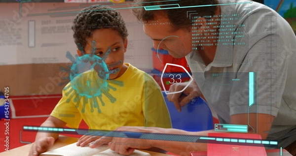 Obraz Guiding tutor and student reading open book at desk in classroom, showing holographic virus model
