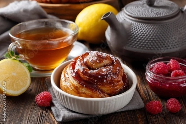 Fototapeta Cinnamon Roll with Tea, Lemon and Raspberry