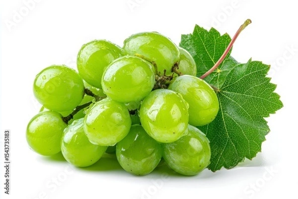 Fototapeta Green Grape Bunch with Leaf on White Background