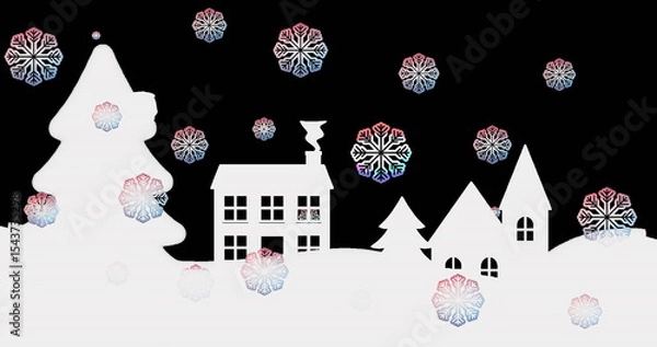 Fototapeta Drifting pastel snowflakes floating above fir trees and houses on winter hills, with chimney smoke