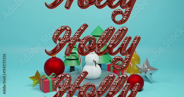 Obraz Displaying 3D Holly Jolly text on teal studio surface, with trees, snowman, gifts and ornaments
