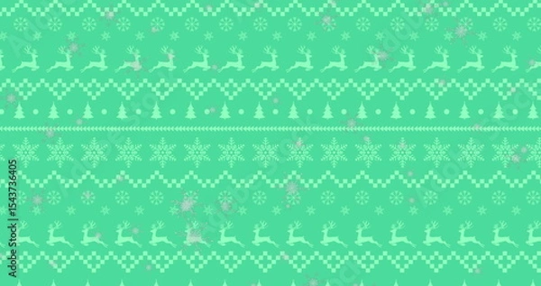 Fototapeta Showing holiday pattern on mint green field with reindeer, snowflakes, trees, baubles, and zigzags
