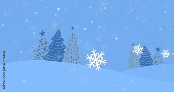 Fototapeta Drifting stylized white snowflake crossing pale winter hills, with triangular trees and snowflakes