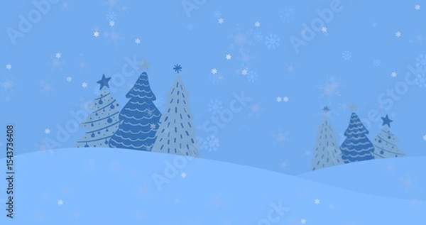 Fototapeta Featuring stylized evergreen trees with patterns on snow hills, snowflake icons, copy space