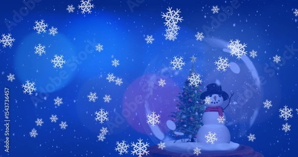 Obraz Displaying glass snow globe resting on wooden base in winter scene, with tree, snowman, copy space