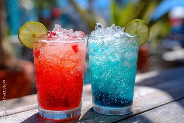 Fototapeta Two Colorful Drinks with Ice and Lime